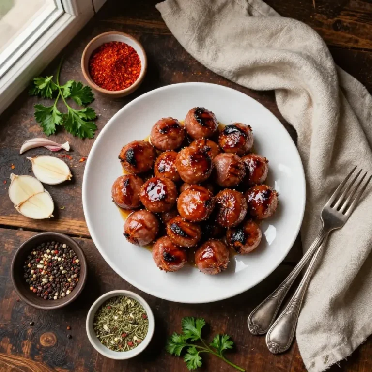Close-up of BBQ sausage bites served on a wooden platter, garnished with fresh parsley.