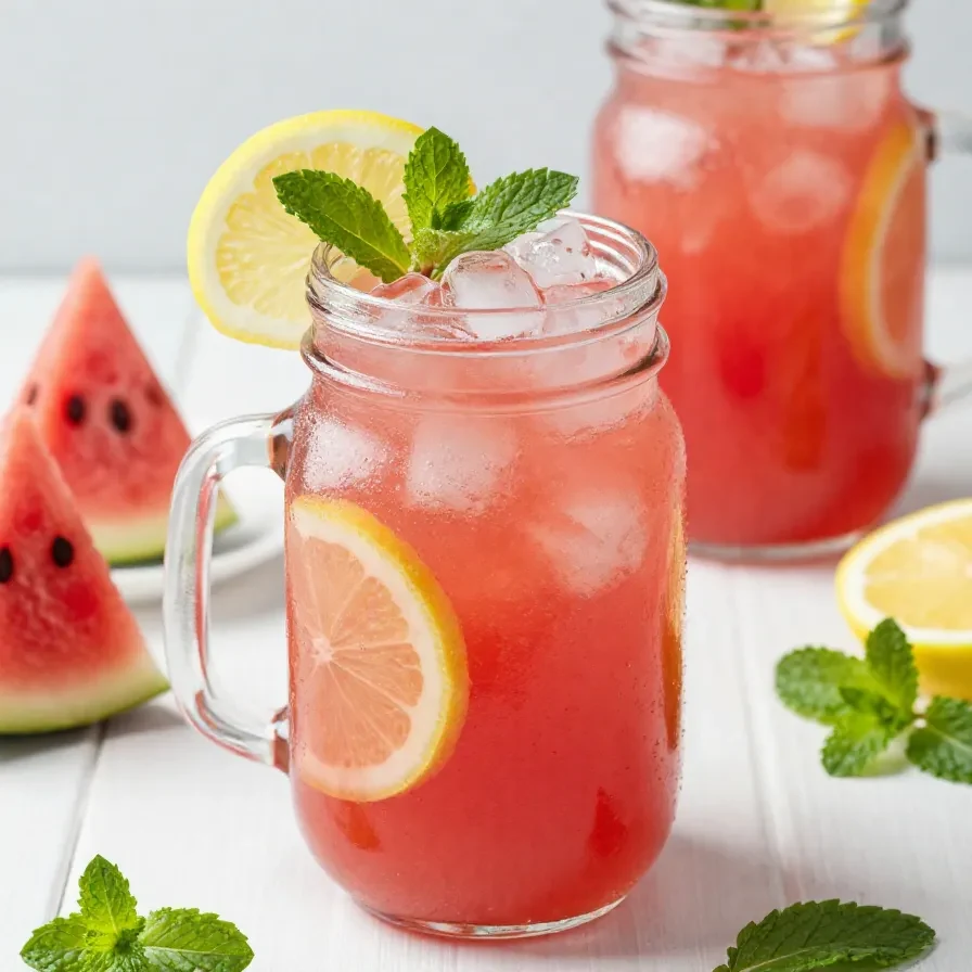 A refreshing glass of watermelon lemonade served with fresh watermelon slices and lemon wedges on a summer table.