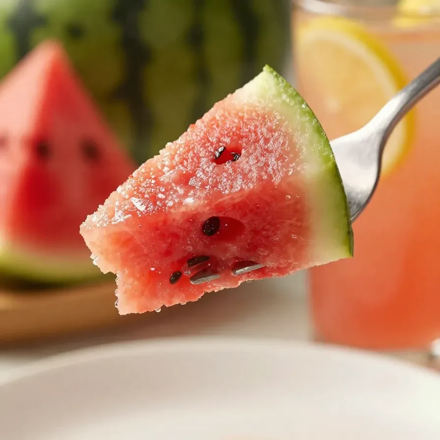 A refreshing glass of watermelon lemonade served with fresh watermelon slices and lemon wedges on a summer table.