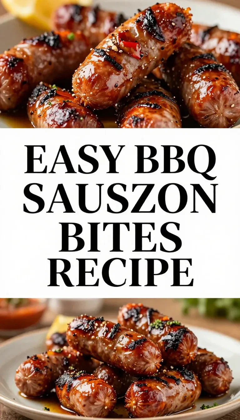 Close-up of BBQ sausage bites served on a wooden platter, garnished with fresh parsley.