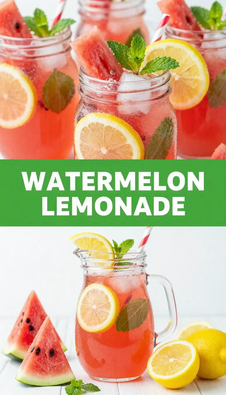 A refreshing glass of watermelon lemonade served with fresh watermelon slices and lemon wedges on a summer table.