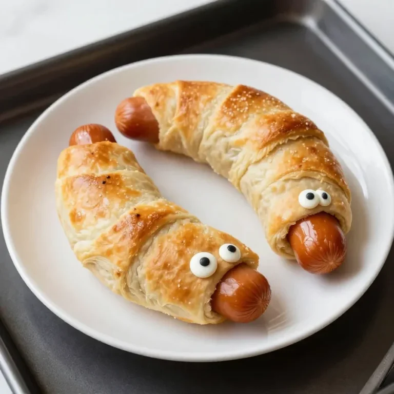 Close-up of mummy-shaped hot dogs wrapped in crescent roll dough on a wooden serving board, perfect for Halloween.