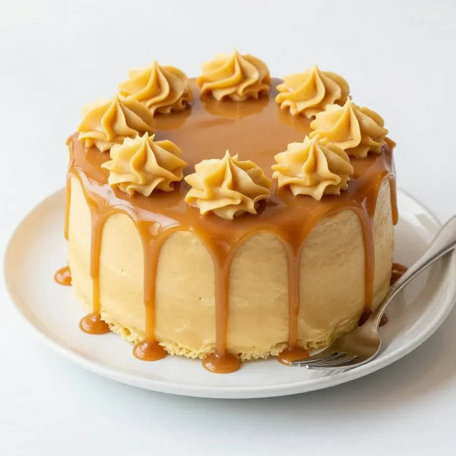 A slice of salted caramel cake topped with homemade caramel sauce on a white plate.