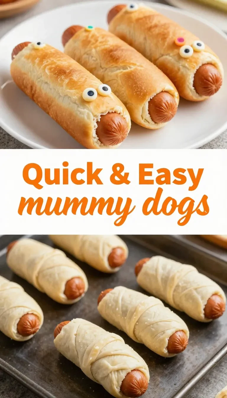Close-up of mummy-shaped hot dogs wrapped in crescent roll dough on a wooden serving board, perfect for Halloween.