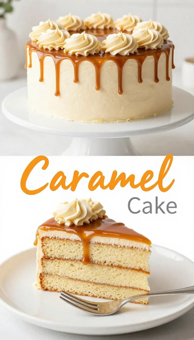 A slice of salted caramel cake topped with homemade caramel sauce on a white plate.