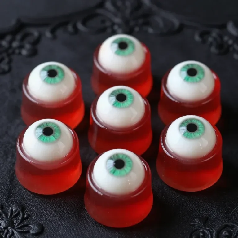 Close-up of Halloween-themed eyeball jello shots on a black plate.