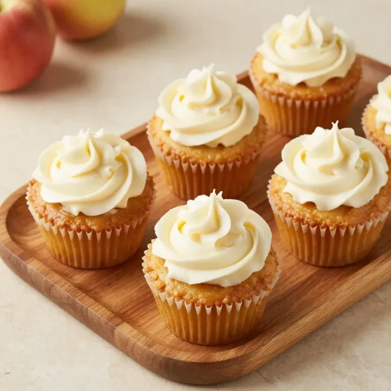 Close-up of apple pie cupcakes topped with cinnamon frosting and a sprinkle of brown sugar.