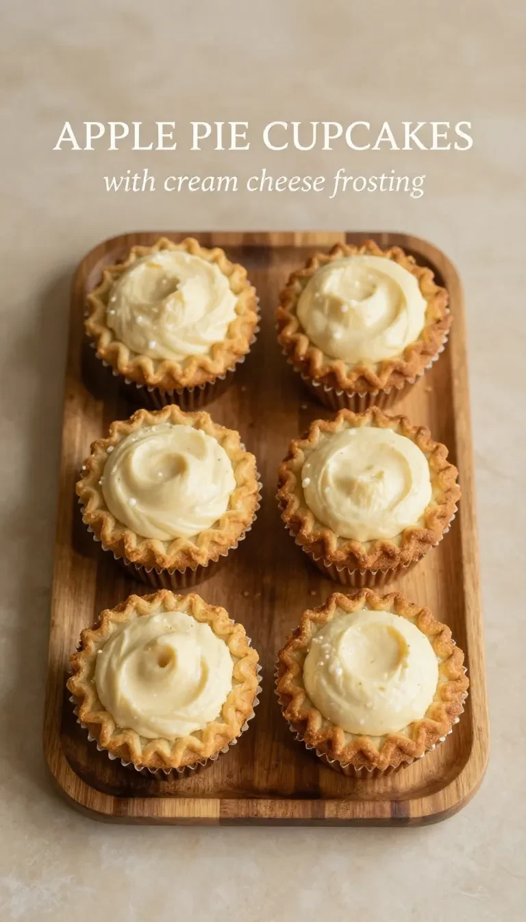 Close-up of apple pie cupcakes topped with cinnamon frosting and a sprinkle of brown sugar.