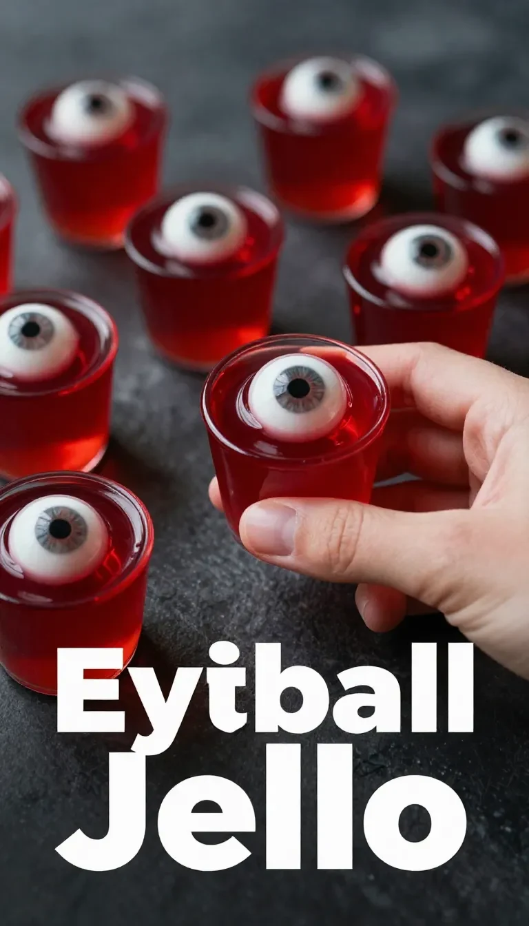 Close-up of Halloween-themed eyeball jello shots on a black plate.