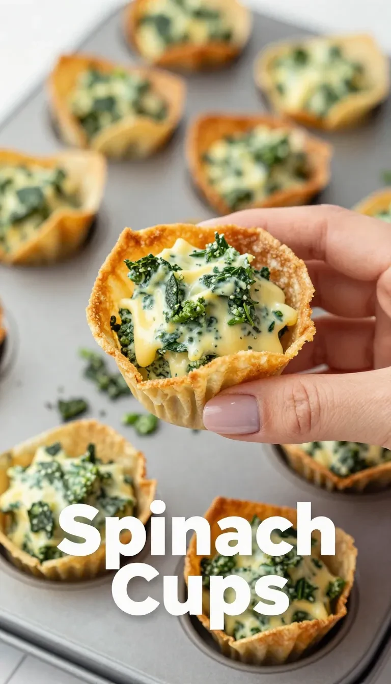 Golden-brown spinach and artichoke wonton cups arranged on a white plate.