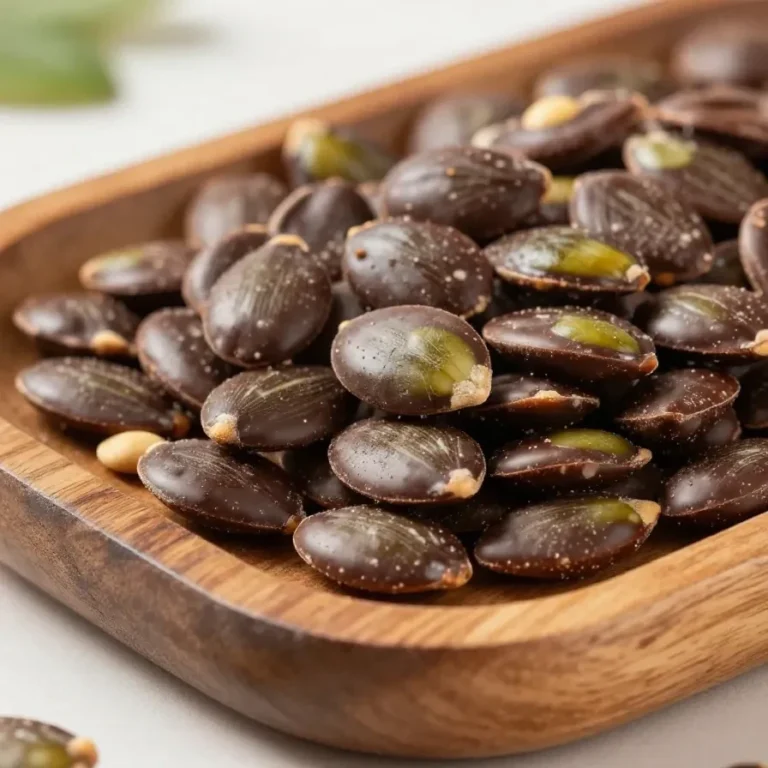 Close-up of homemade pumpkin seed chocolate bites arranged on a wooden plate.