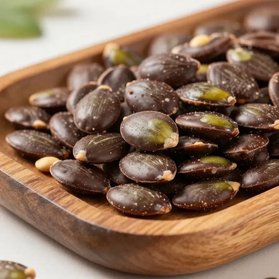Close-up of homemade pumpkin seed chocolate bites arranged on a wooden plate.