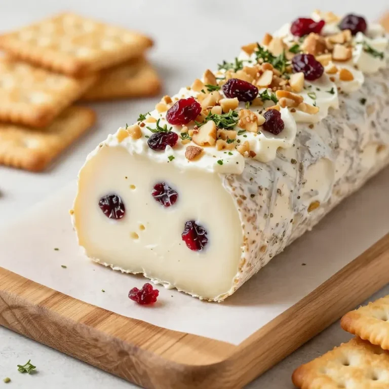 A homemade cranberry pecan cheese log on a wooden serving board surrounded by crackers and fresh cranberries.