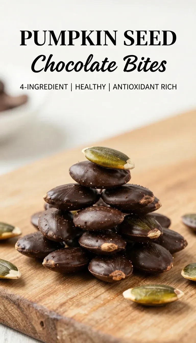 Close-up of homemade pumpkin seed chocolate bites arranged on a wooden plate.