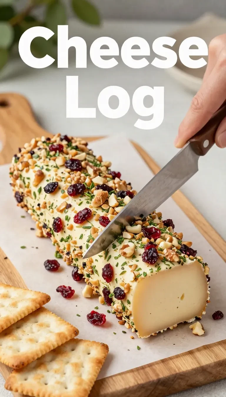A homemade cranberry pecan cheese log on a wooden serving board surrounded by crackers and fresh cranberries.