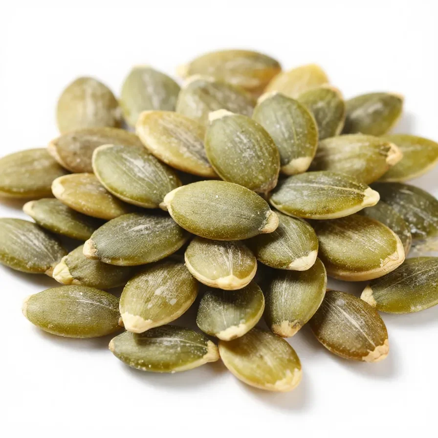 A close-up of pumpkin seeds in a wooden bowl, showcasing their texture and color.