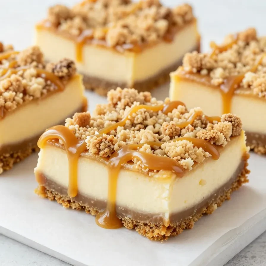 Close-up of caramel apple cheesecake bars topped with caramel drizzle and fresh apple slices.