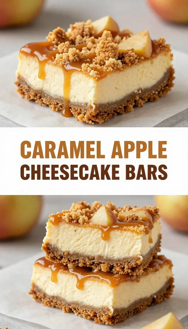 Close-up of caramel apple cheesecake bars topped with caramel drizzle and fresh apple slices.