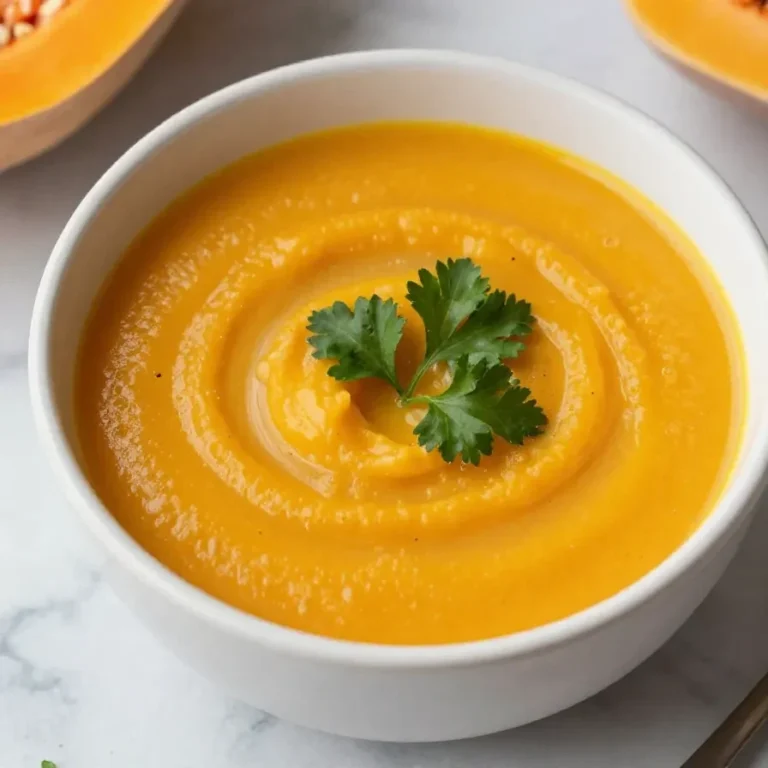 A bowl of spicy butternut squash and sweet potato soup garnished with fresh herbs.