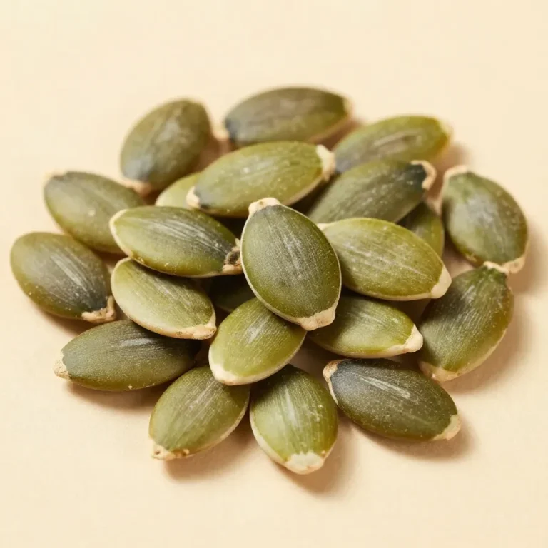A close-up of a wooden bowl filled with raw pumpkin seeds on a rustic table.