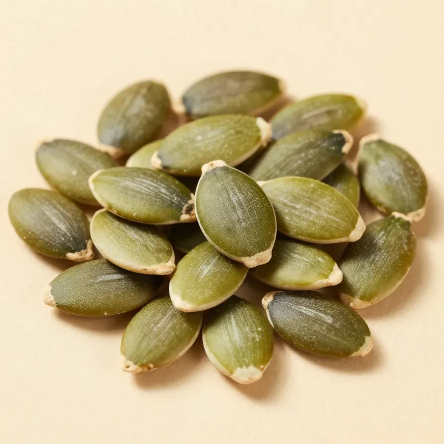 A close-up of a wooden bowl filled with raw pumpkin seeds on a rustic table.
