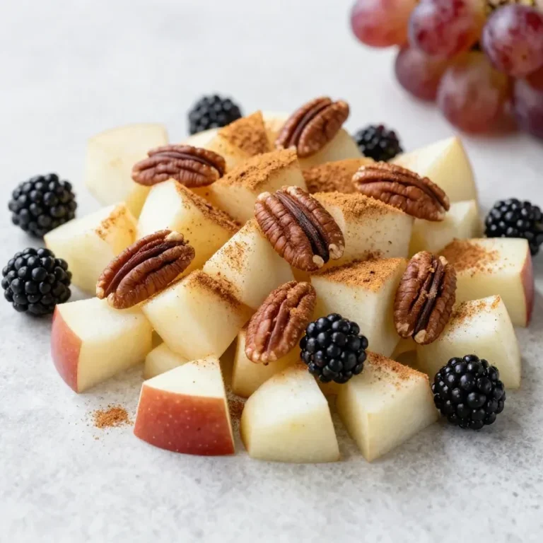 A vibrant fall fruit salad featuring apples, pears, pomegranate, and cinnamon orange dressing in a serving bowl.