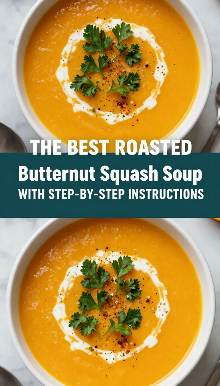 A bowl of spicy butternut squash and sweet potato soup garnished with fresh herbs.