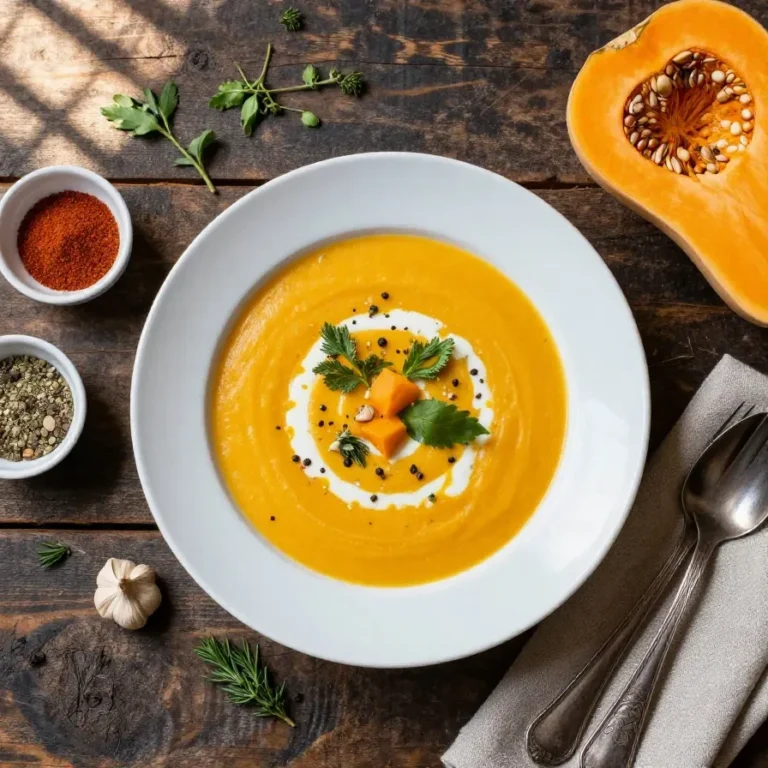 A bowl of creamy butternut squash soup garnished with fresh herbs, inspired by Gordon Ramsay's recipe.