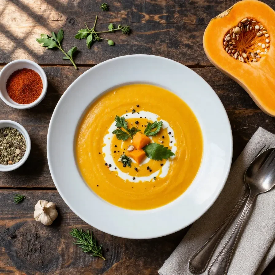 A bowl of creamy butternut squash soup garnished with fresh herbs, inspired by Gordon Ramsay's recipe.