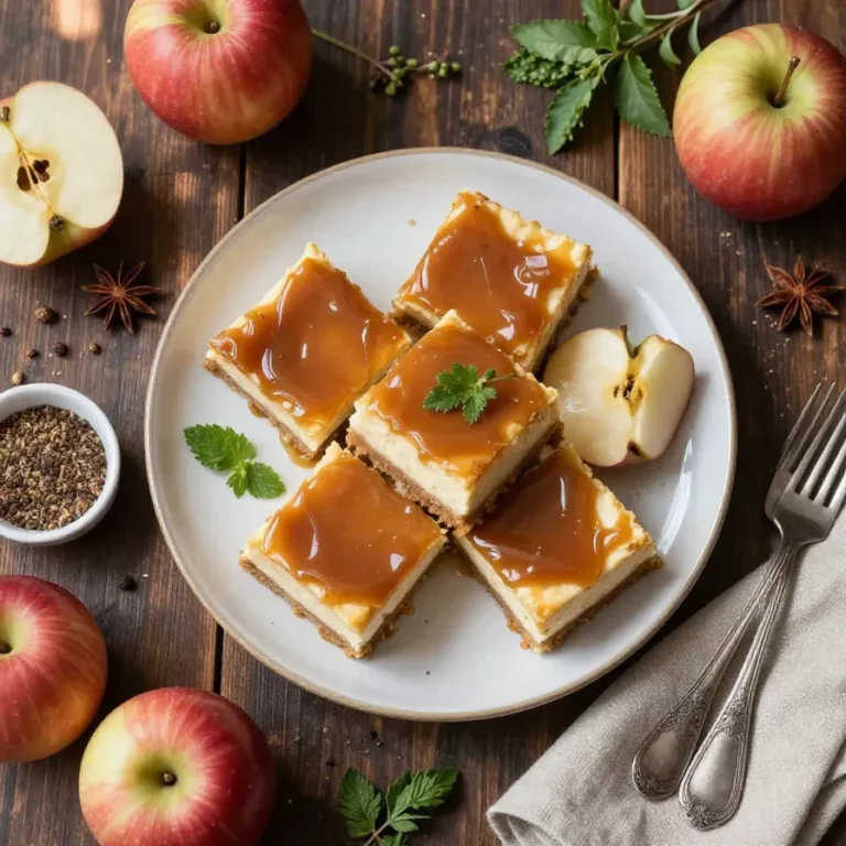 A close-up of caramel apple cheesecake bars topped with caramel drizzle on a white plate.