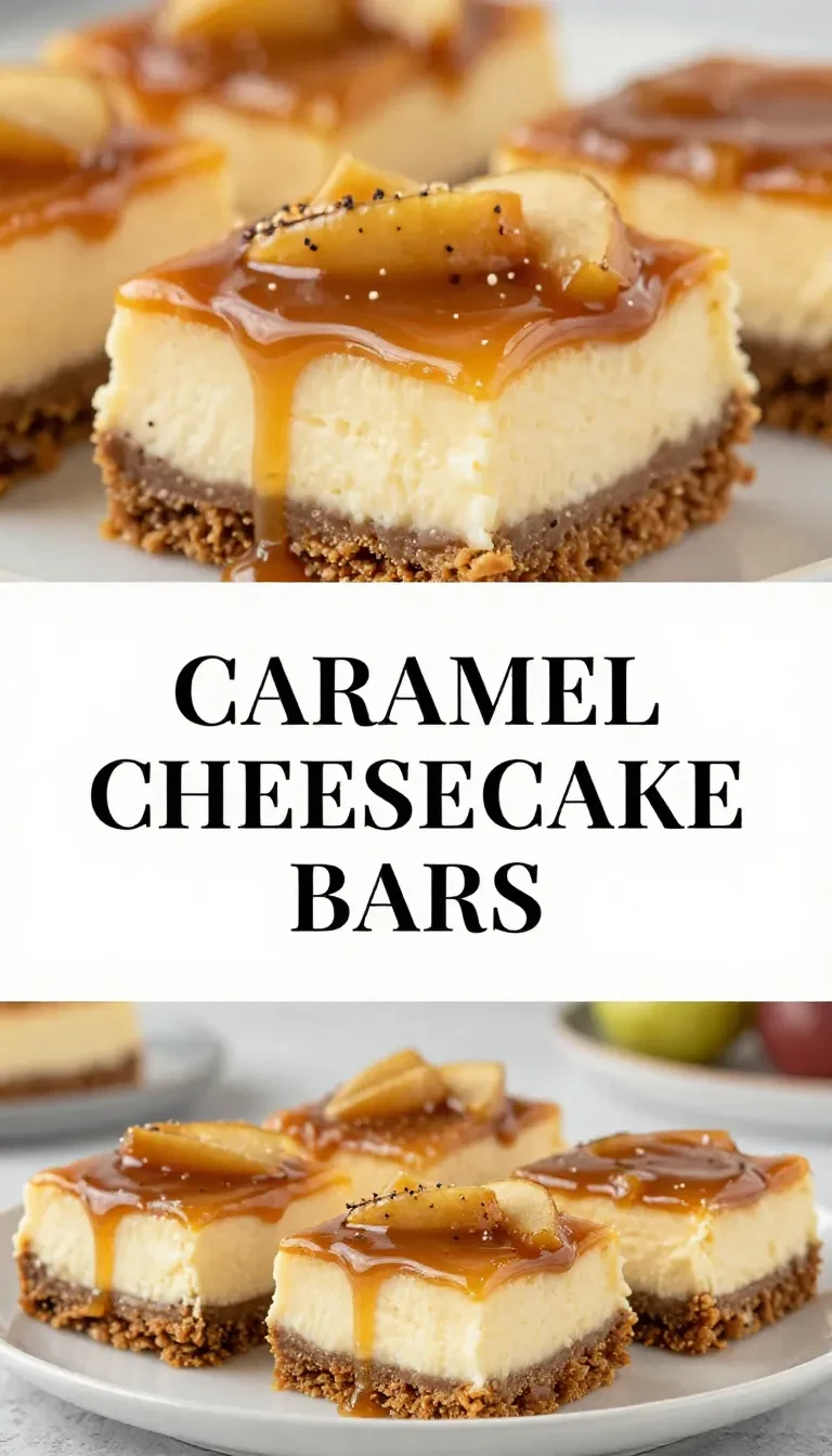 A close-up of caramel apple cheesecake bars topped with caramel drizzle on a white plate.