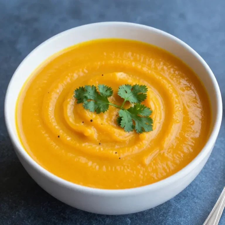 A bowl of creamy vegan roasted butternut squash soup garnished with parsley and served with crusty bread.
