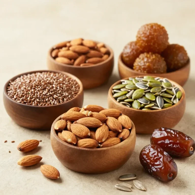 A plate of homemade hair growth seed laddoos made with natural ingredients for promoting strong, thick, and shiny hair.