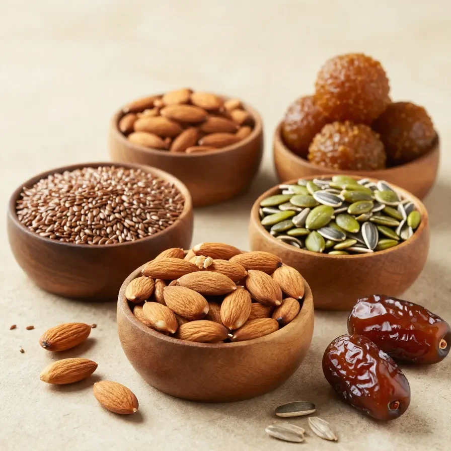A plate of homemade hair growth seed laddoos made with natural ingredients for promoting strong, thick, and shiny hair.