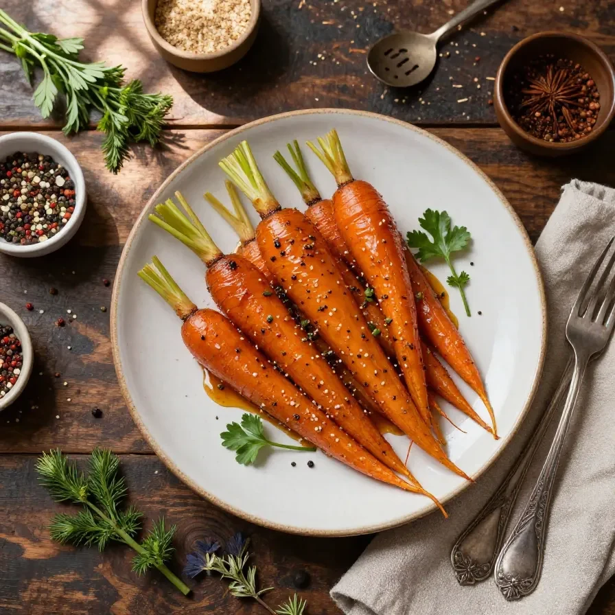 A plate of roasted honey-glazed carrots garnished with fresh parsley.