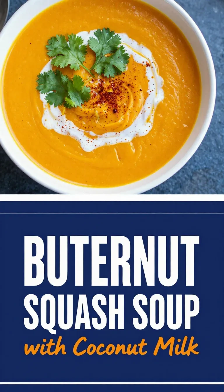 A bowl of creamy vegan roasted butternut squash soup garnished with parsley and served with crusty bread.