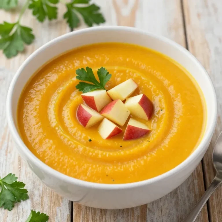 A bowl of creamy apple butternut squash soup garnished with fresh herbs and served with a slice of bread.