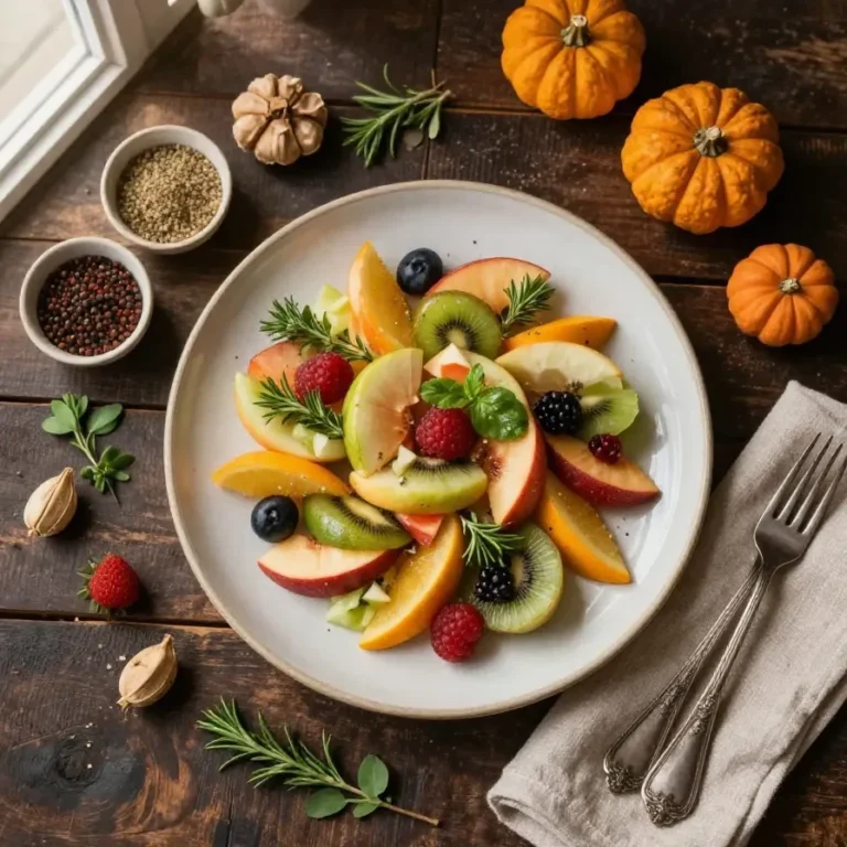 A colorful fall fruit salad with apples, pears, pomegranate seeds, and walnuts in a white bowl.