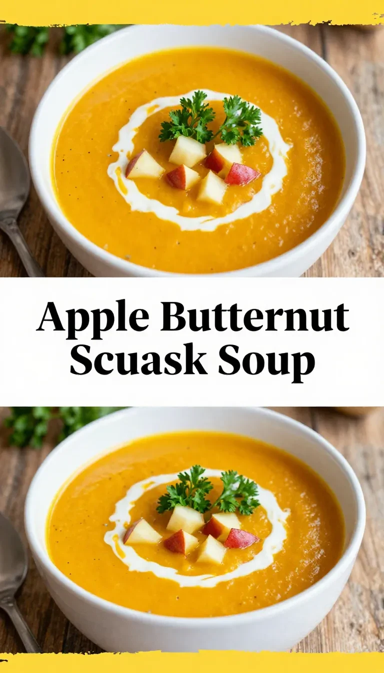 A bowl of creamy apple butternut squash soup garnished with fresh herbs and served with a slice of bread.