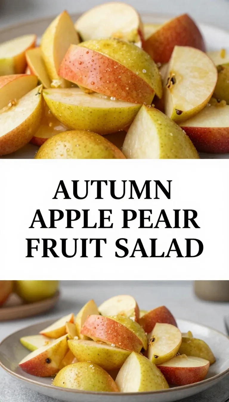 A colorful fall fruit salad with apples, pears, pomegranate seeds, and walnuts in a white bowl.