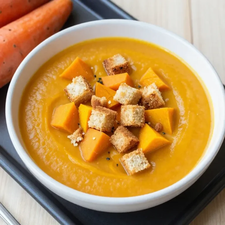 A bowl of roasted butternut, sweet potato, and carrot soup garnished with fresh herbs.