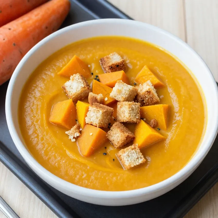 A bowl of roasted butternut, sweet potato, and carrot soup garnished with fresh herbs.