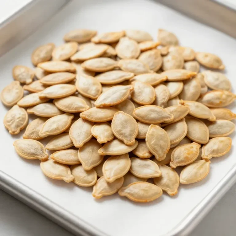 A close-up of roasted pumpkin seeds served in a ceramic bowl.