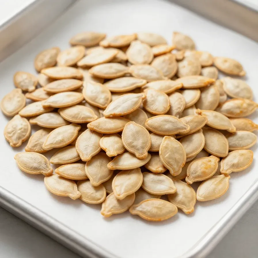 A close-up of roasted pumpkin seeds served in a ceramic bowl.