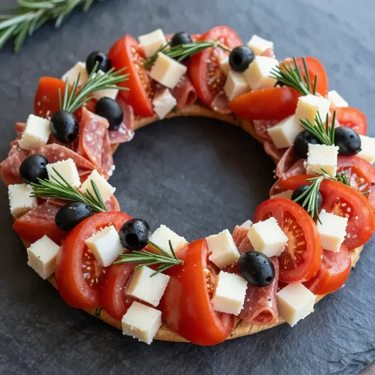 A festive charcuterie wreath with assorted meats, cheeses, and fresh herbs arranged in a circular pattern.