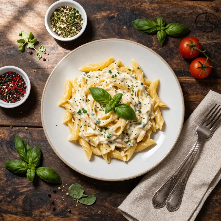 A bowl of creamy pasta salad garnished with fresh herbs and vegetables.