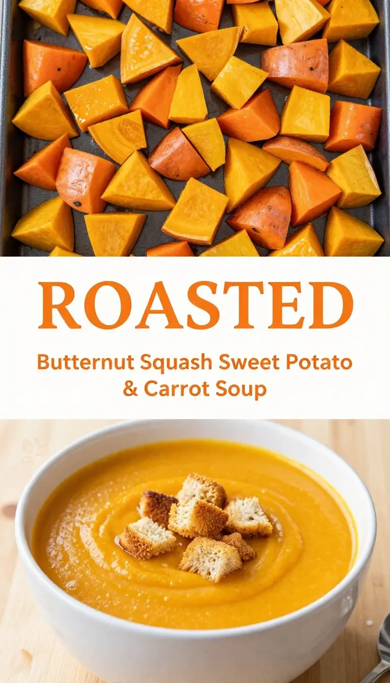 A bowl of roasted butternut, sweet potato, and carrot soup garnished with fresh herbs.