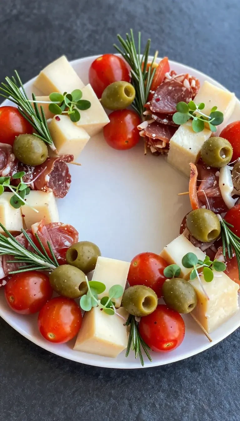 A festive charcuterie wreath with assorted meats, cheeses, and fresh herbs arranged in a circular pattern.