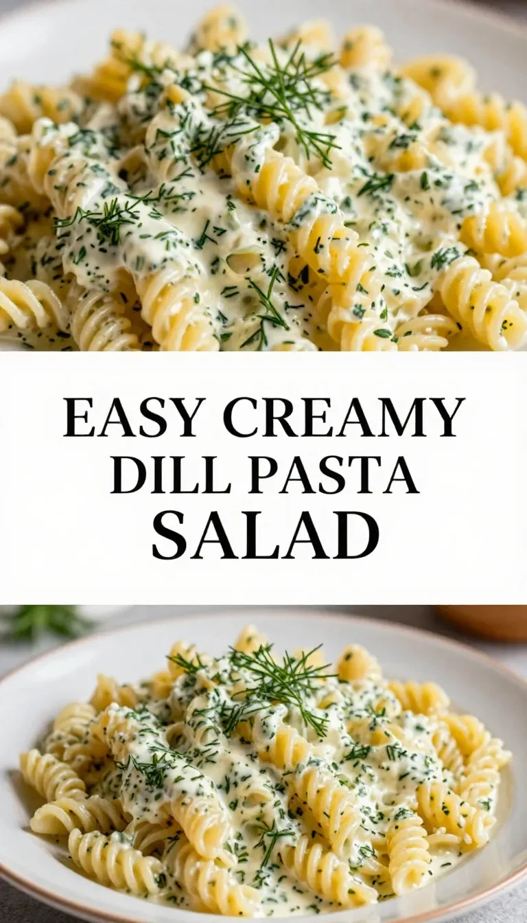 A bowl of creamy pasta salad garnished with fresh herbs and vegetables.