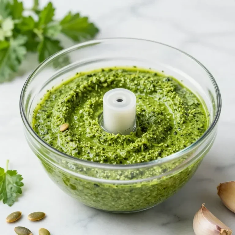 A bowl of vibrant green nut-free pumpkin seed pesto surrounded by fresh basil leaves and pumpkin seeds.